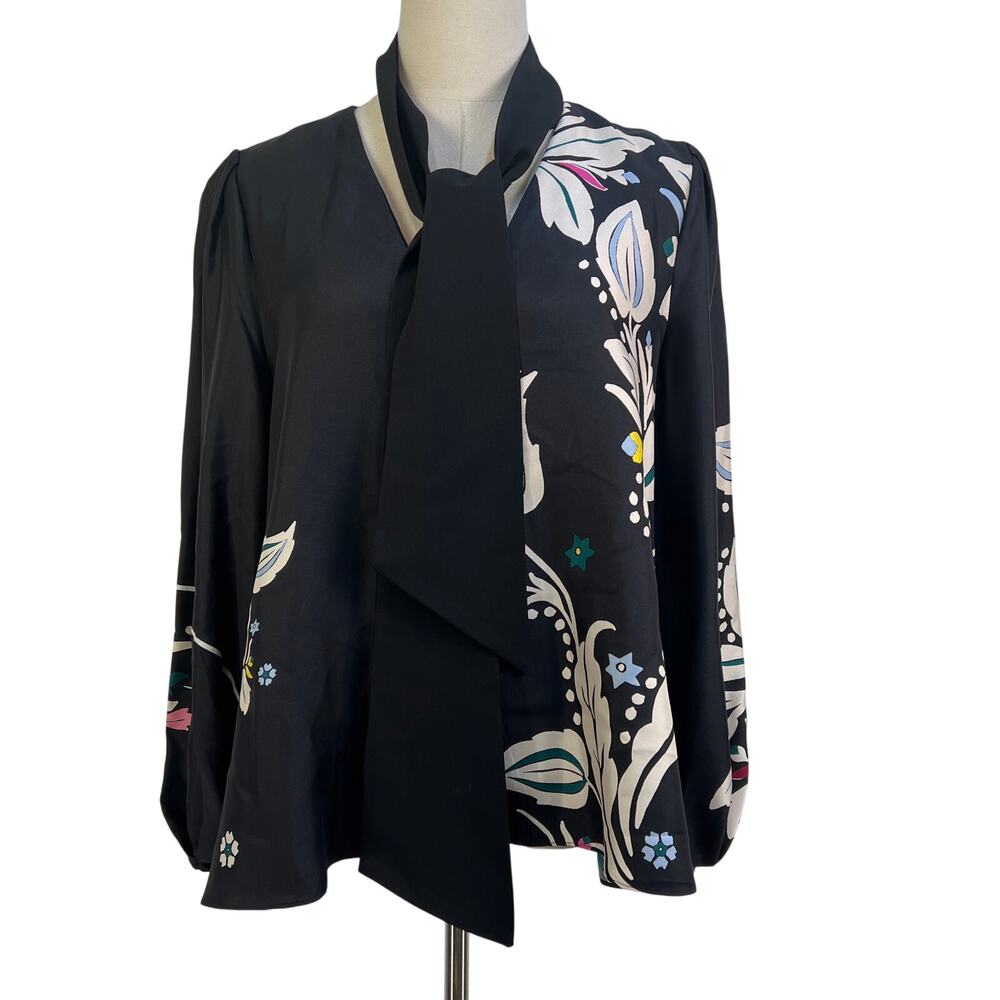 Dorothee Schumacher Flower Whirl Black Mix Silk Tie Neck Blouse